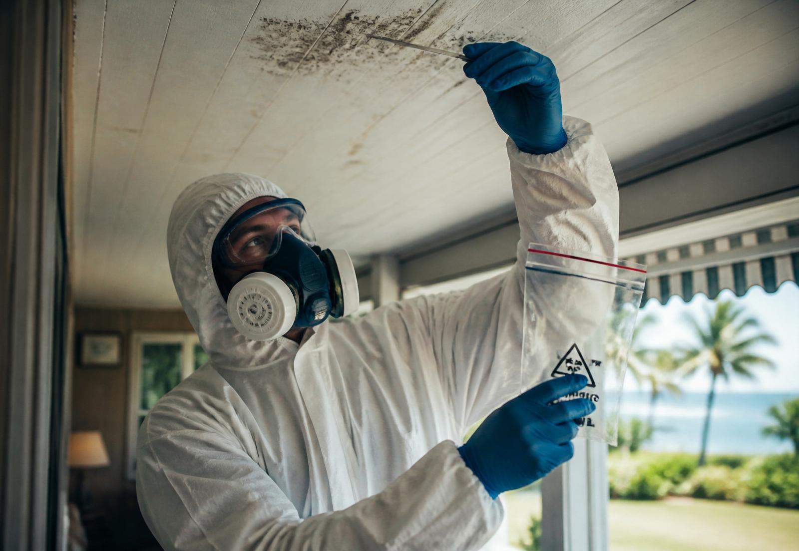 Licensed asbestos inspector collecting a ceiling sample in a Boca Raton home
